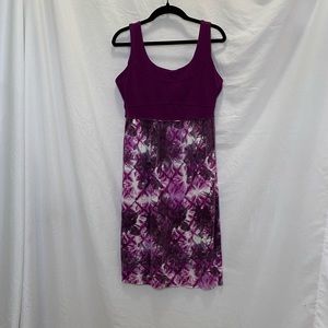 Athleta magenta a-line with tie-dye like pattern midi dress built in bra, size S